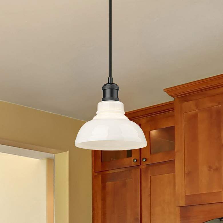 Image 1 Carver 7 1/2" Wide Mini Pendant in Matte Black with Vintage Milk Glass