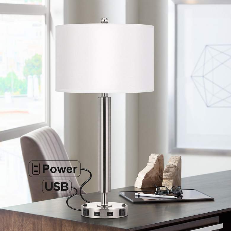 Image 1 Carver Double Light Brushed Steel USB Hotel Table Lamp