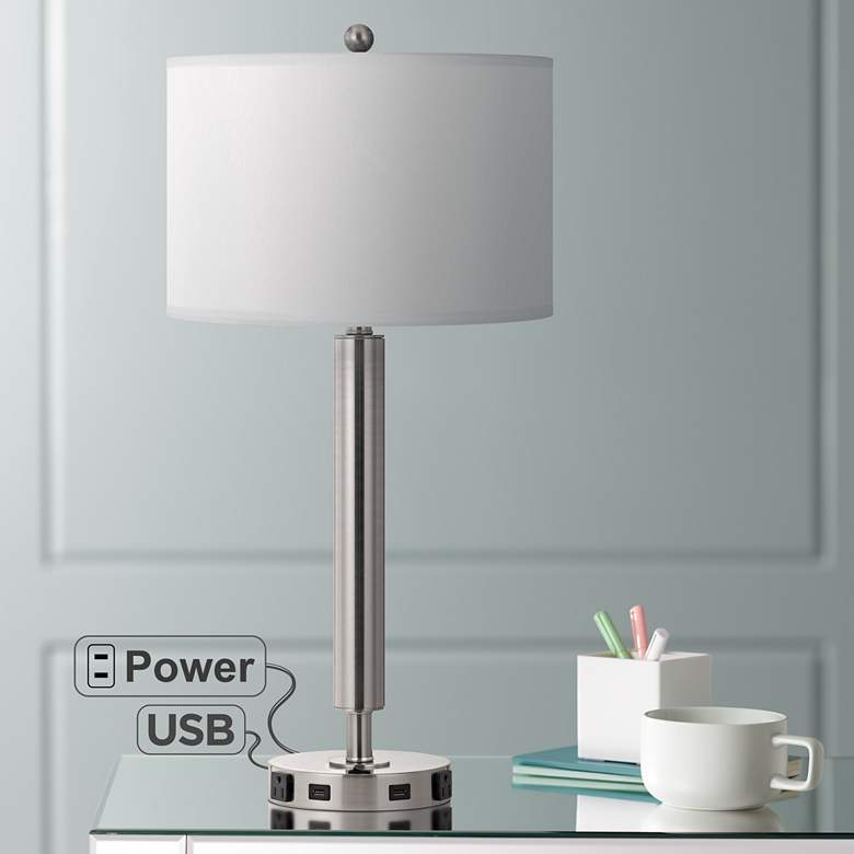 Image 1 Carver Single Light Brushed Steel USB Hotel Table Lamp