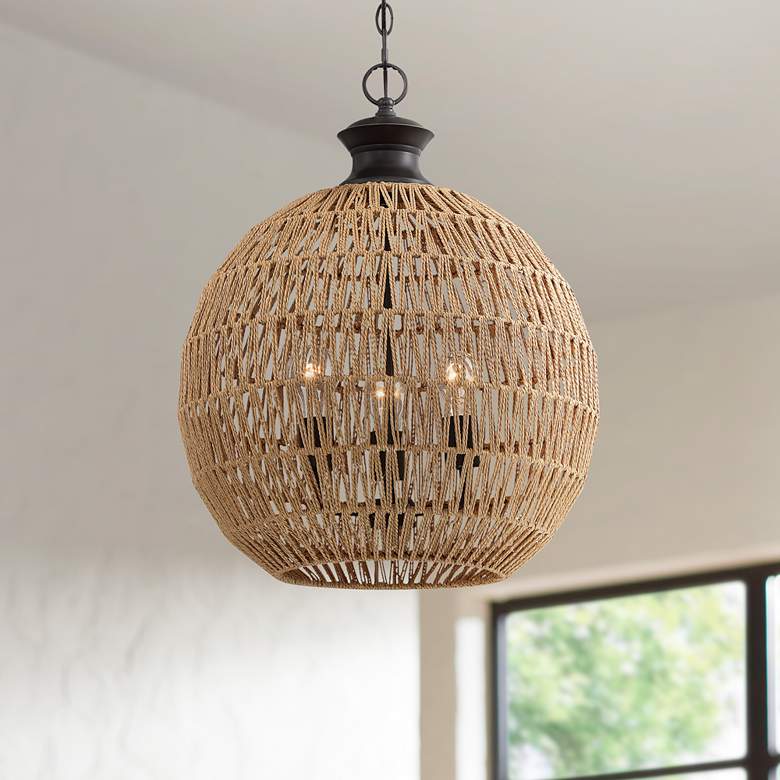 Image 1 Casablanca 18 1/4" Wide Bronze Natural Rope 3-Light Pendant