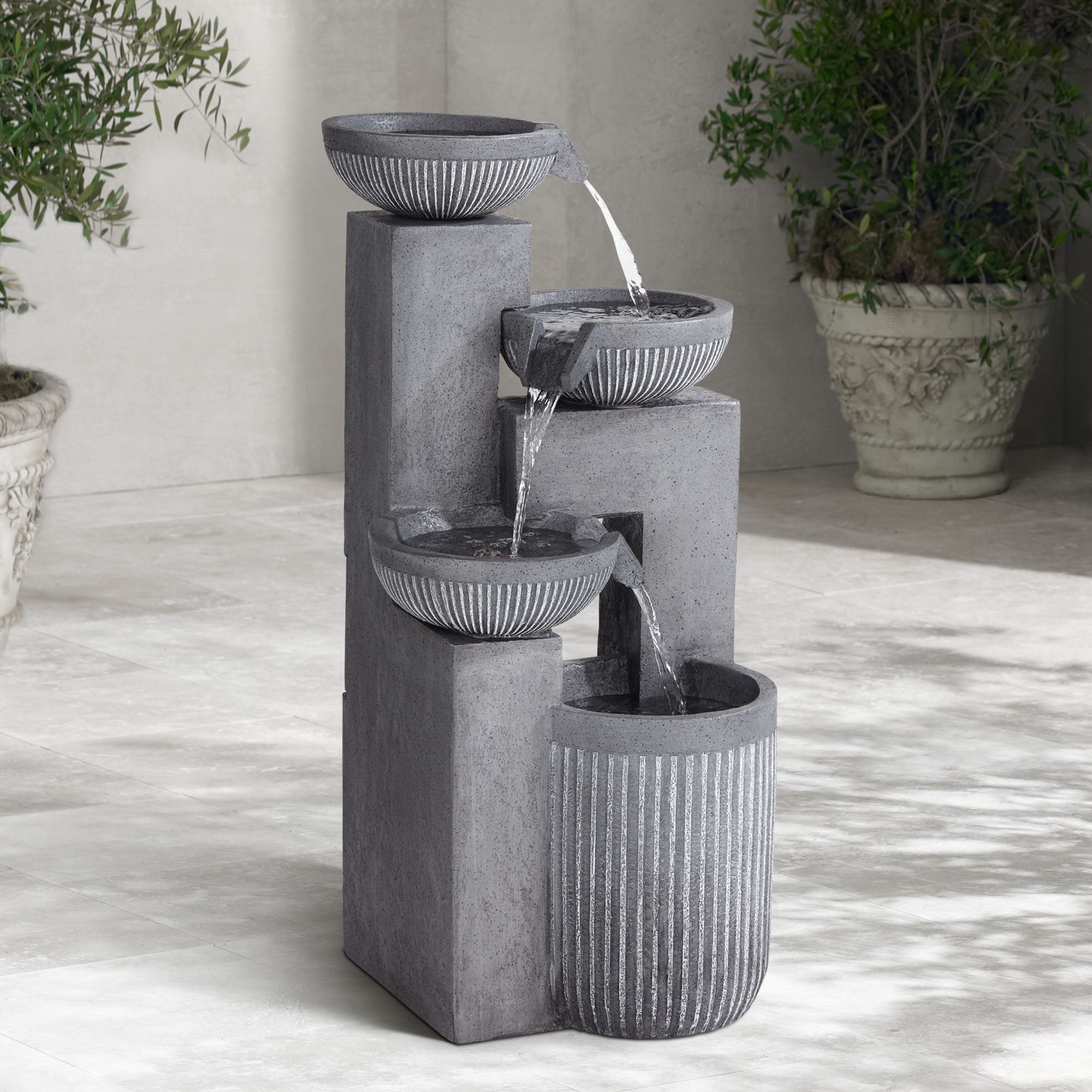 Image Casava 33" High Gray Stone 4-Bowl Outdoor LED Floor Fountain