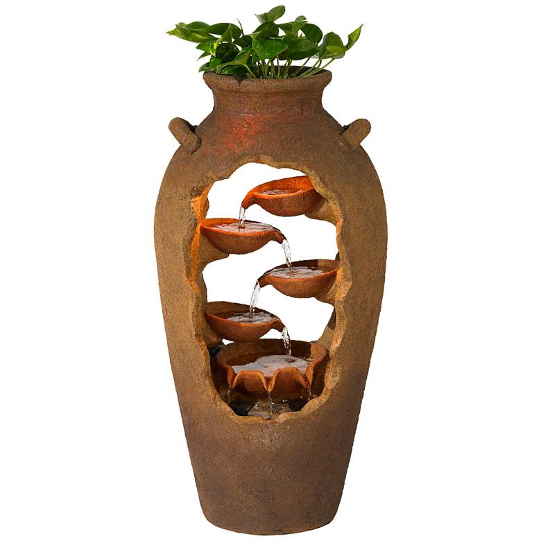Image 3 Cascade 33 inch High Rustic Urn Fountain with Planter and LED Light