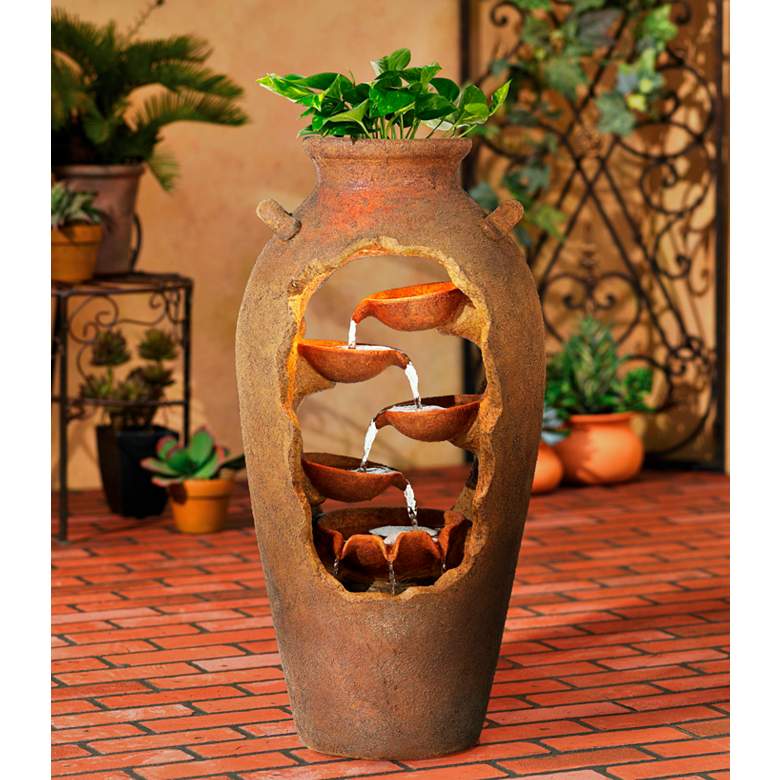 Image 2 Cascade 33 inch High Rustic Urn Fountain with Planter and LED Light