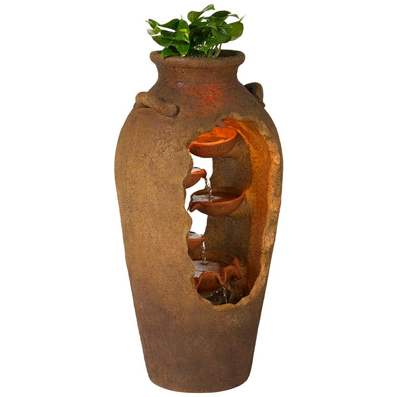 Image 6 Cascade 33" High Rustic Urn Fountain with Planter and LED Light more views