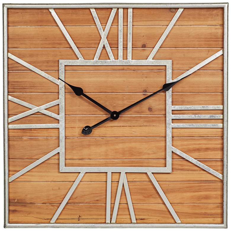 Image 2 Caser Silver Metal and Brown Wood 23 1/2" Square Wall Clock