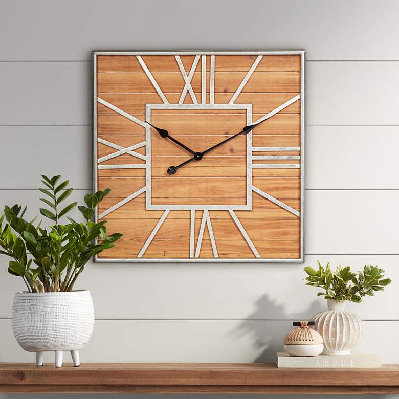 Image 1 Caser Silver Metal and Brown Wood 23 1/2" Square Wall Clock