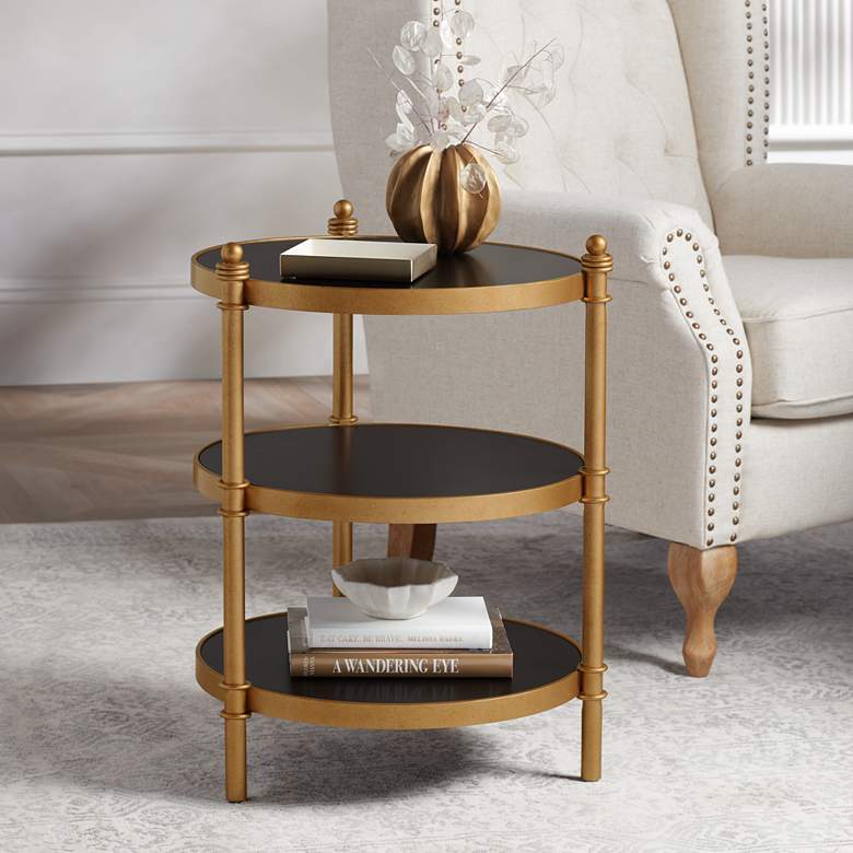 Cason 18 3/4&quot; Wide Black and Gold Round 3-Tier Side Table