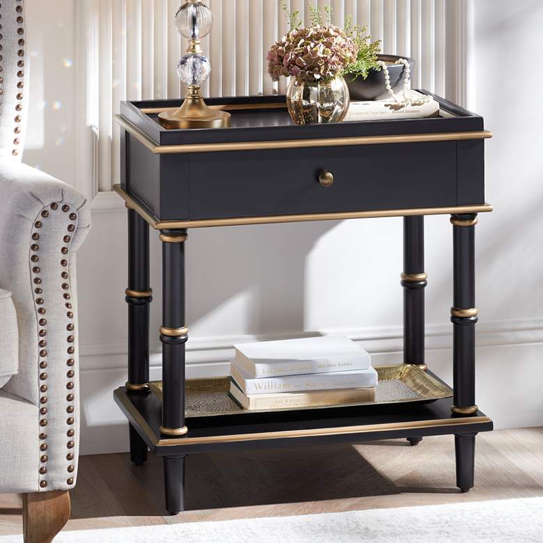 Cason 24 inch Wide Black and Gold Rectangular Side Table with Drawer