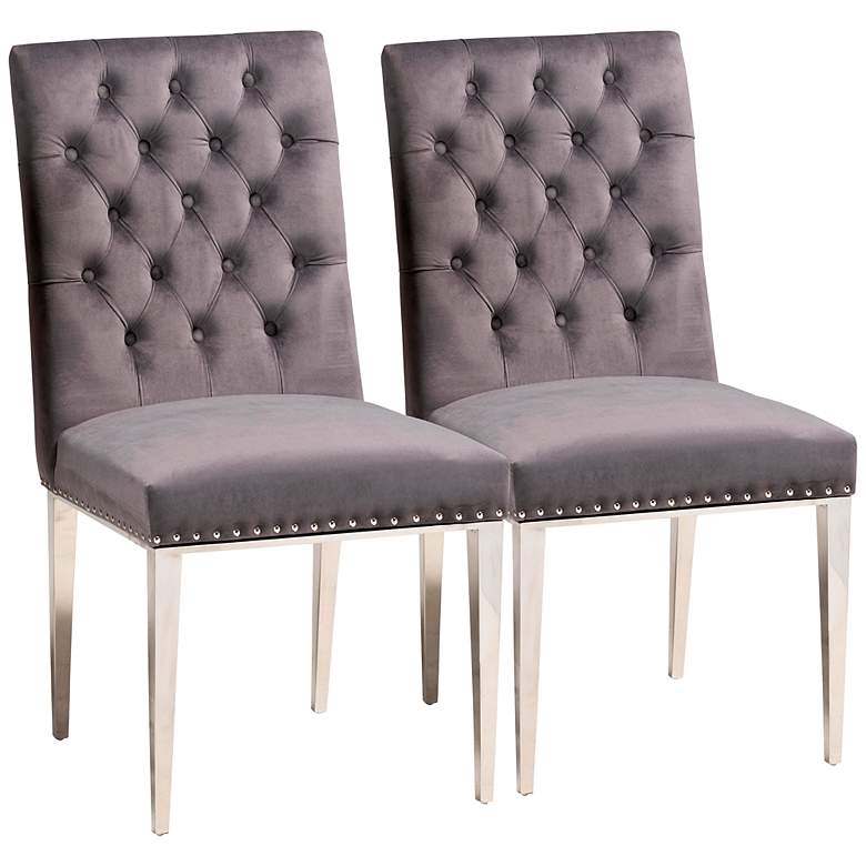 Image 2 Caspera Gray Velvet Fabric Tufted Dining Chairs Set of 2