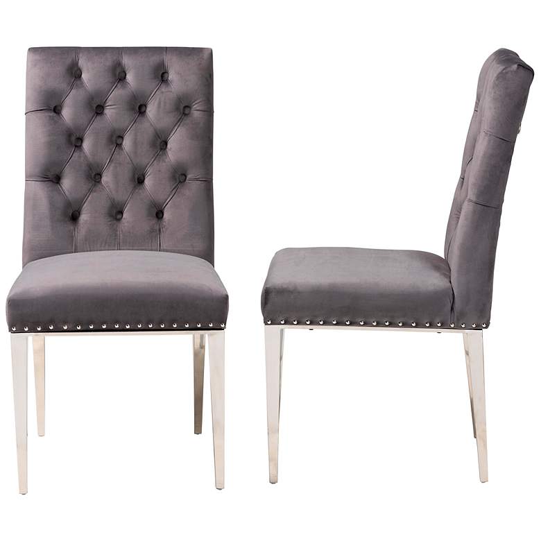 Image 7 Caspera Gray Velvet Fabric Tufted Dining Chairs Set of 2 more views