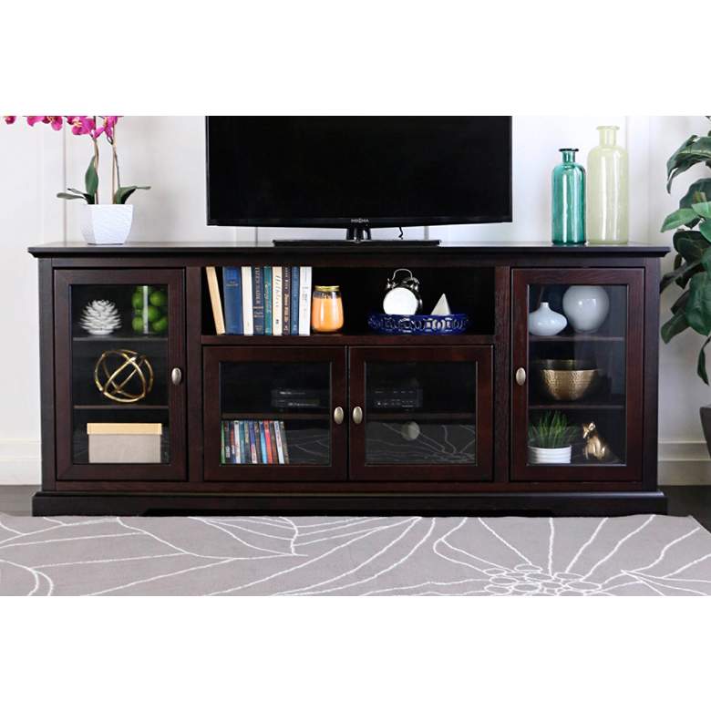 Image 1 Cass 70" Wide Espresso Wood 4-Door TV Stand with Glass Doors