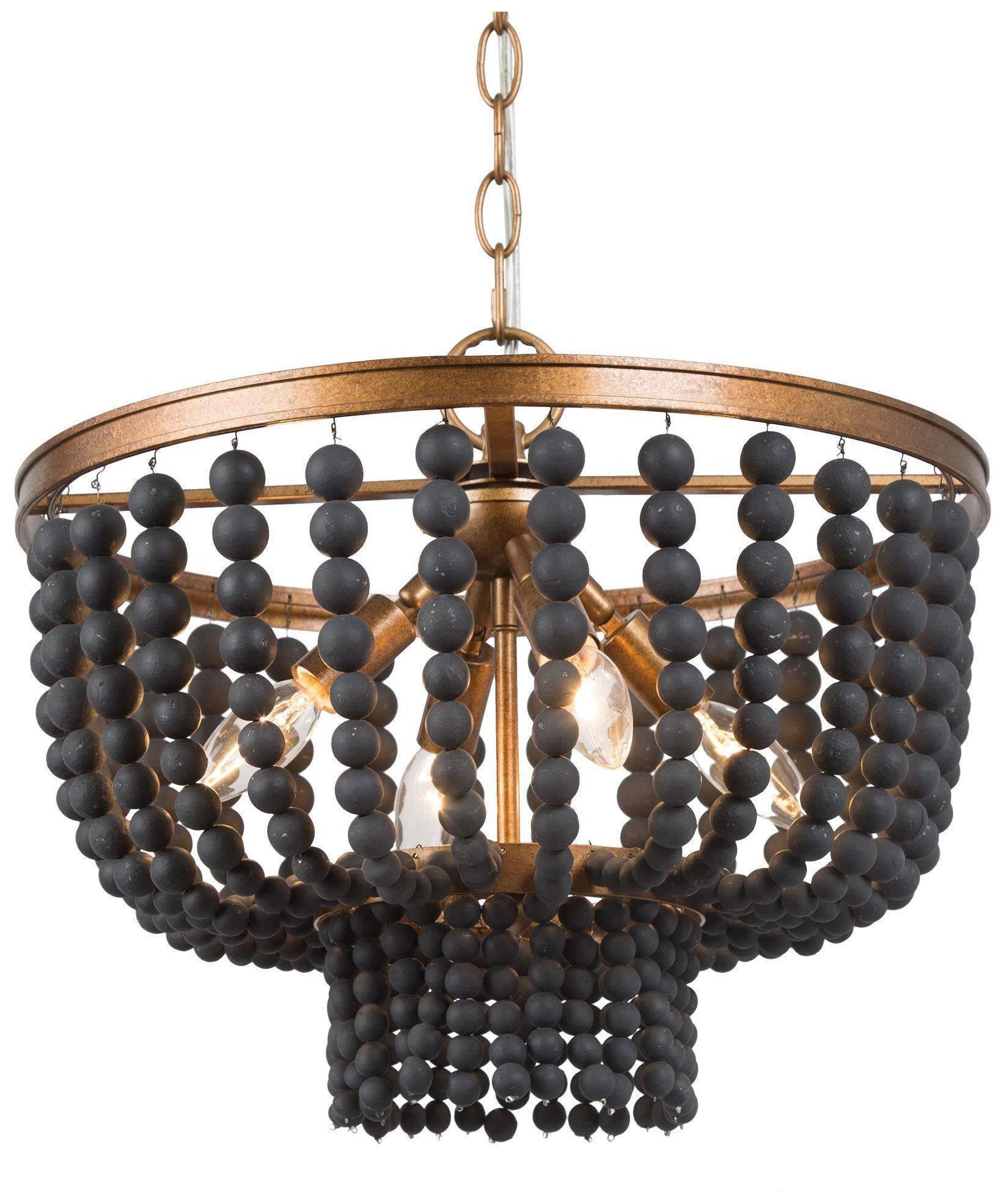 Thumbnail2 of Cassia 15"W Distressed Brass 4-Light Drum Black Beaded Pendant