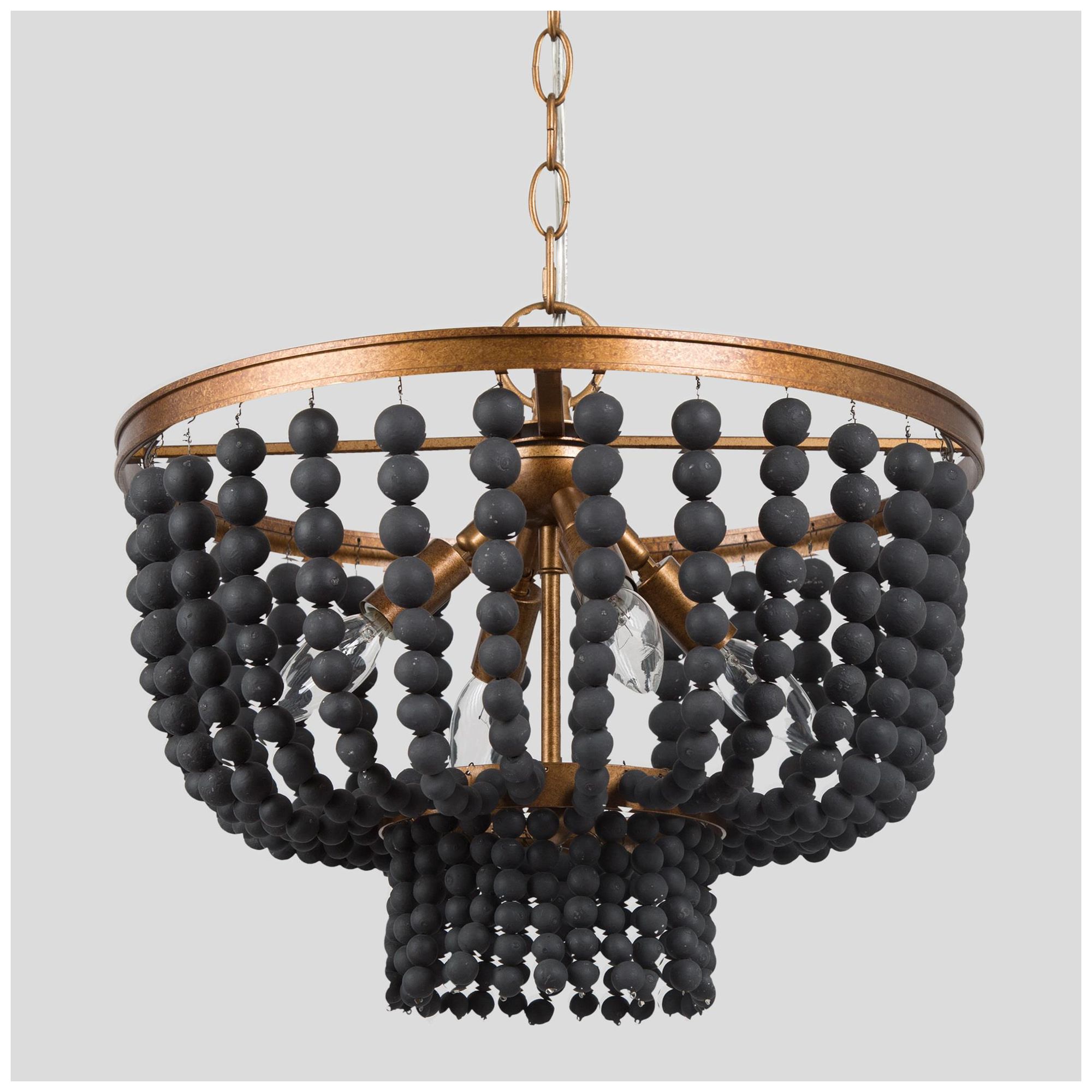 Thumbnail1 of Cassia 15"W Distressed Brass 4-Light Drum Black Beaded Pendant