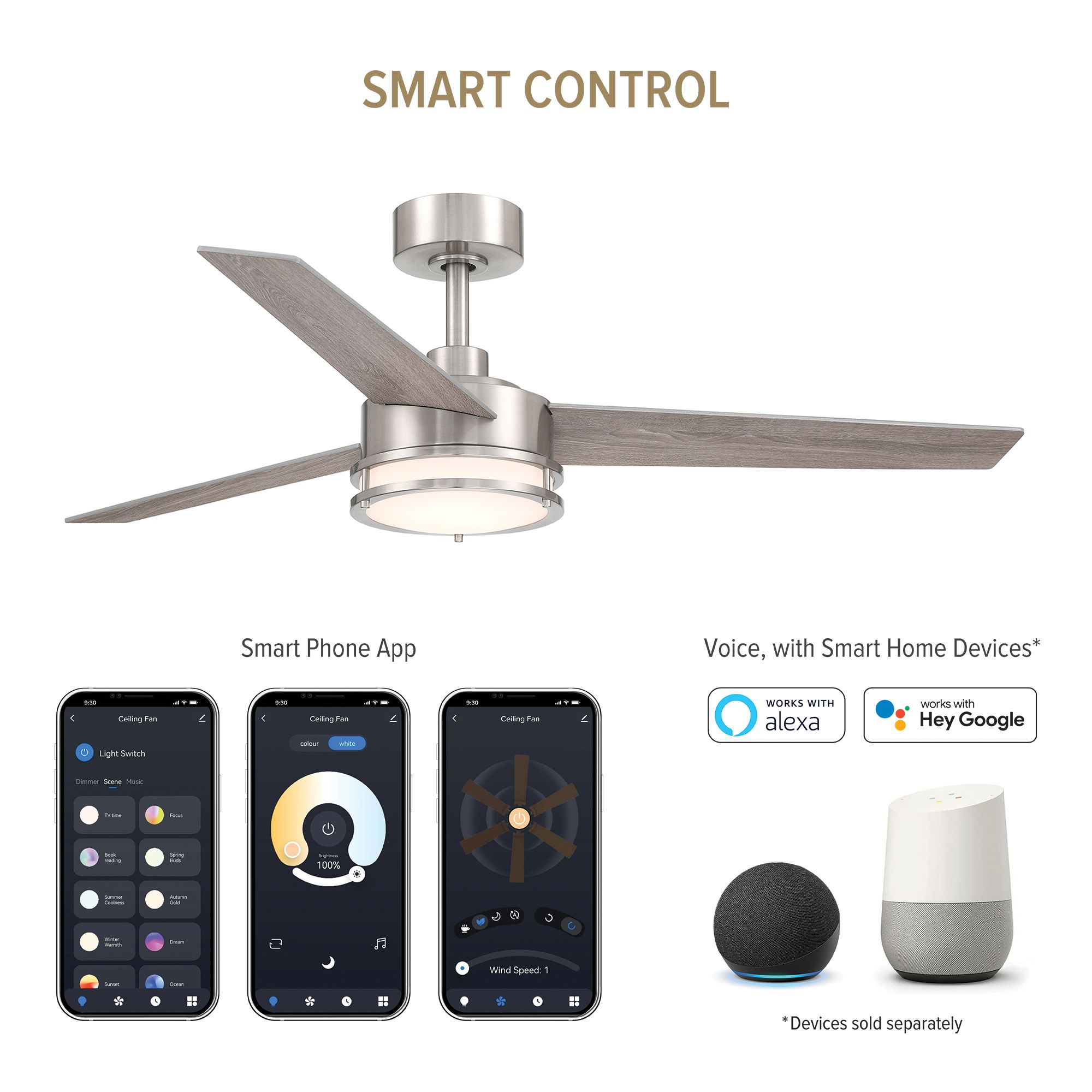 Cassini 52 in. LED  Brushed Nickel Standard Mount Smart Ceiling Fan