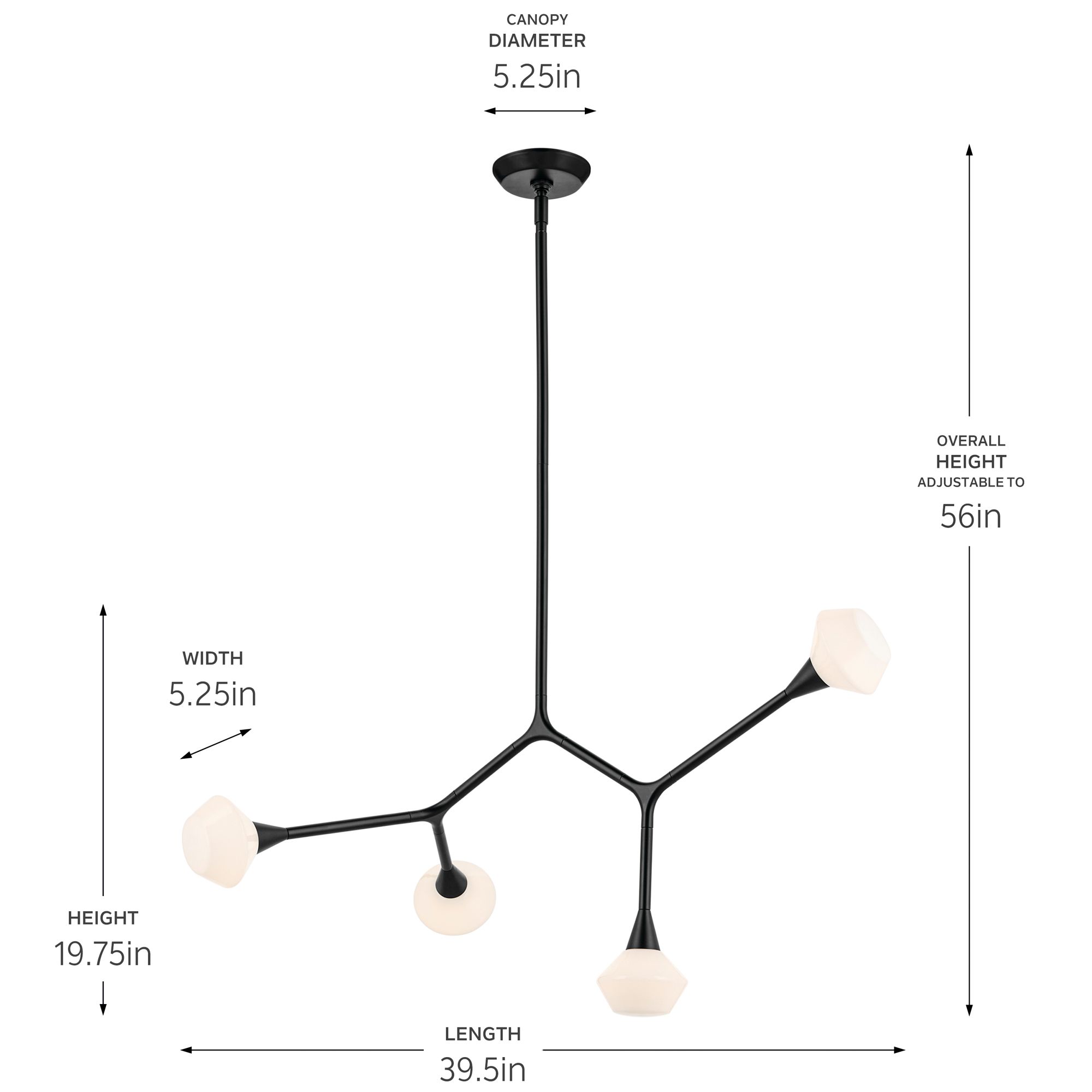 Cassius 39.5 Inch 4 Light Convertible Chandelier with Opal Glass in Black