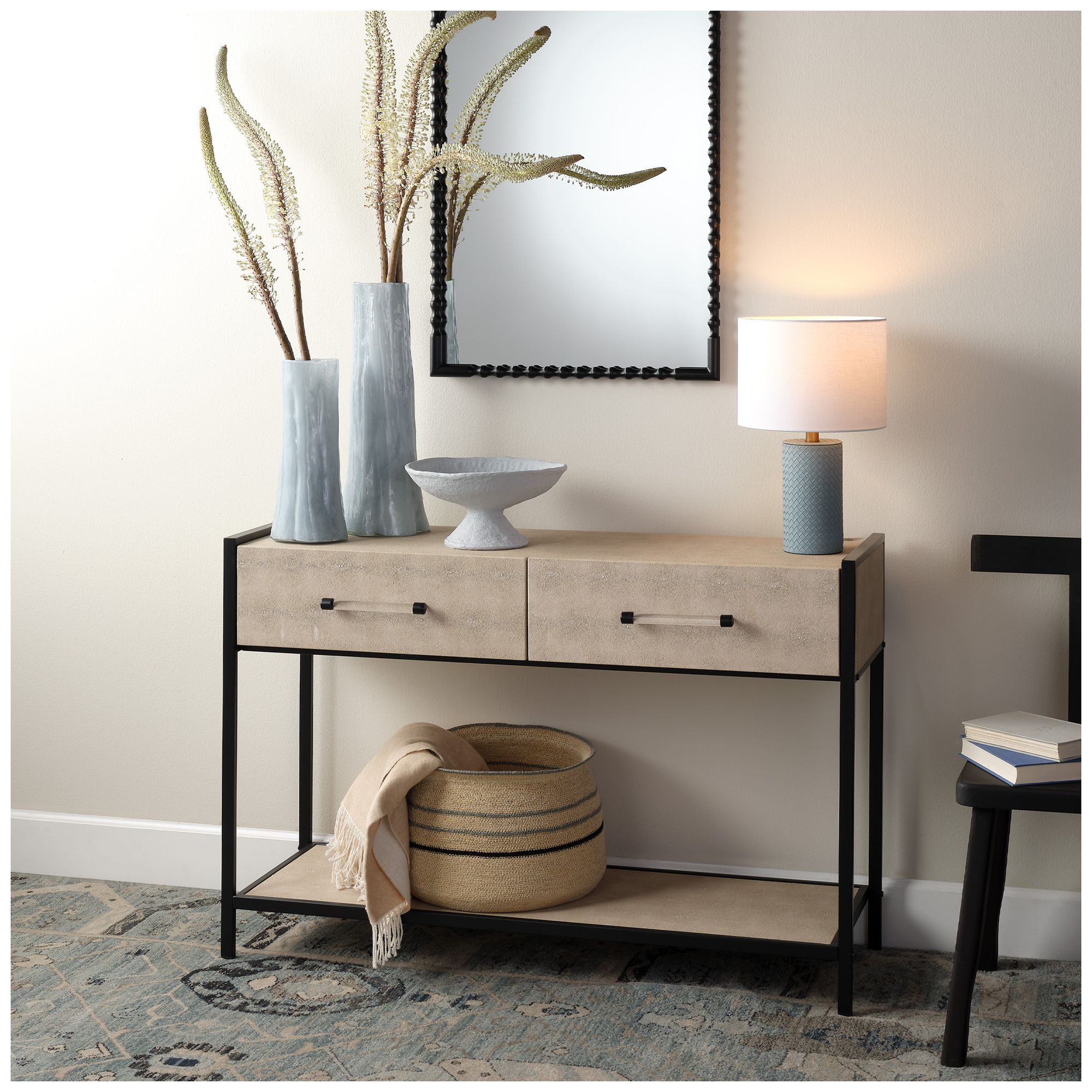 Image 2 Cassius 48"W Taupe Shagreen and Black 2-Drawer Console Table more views
