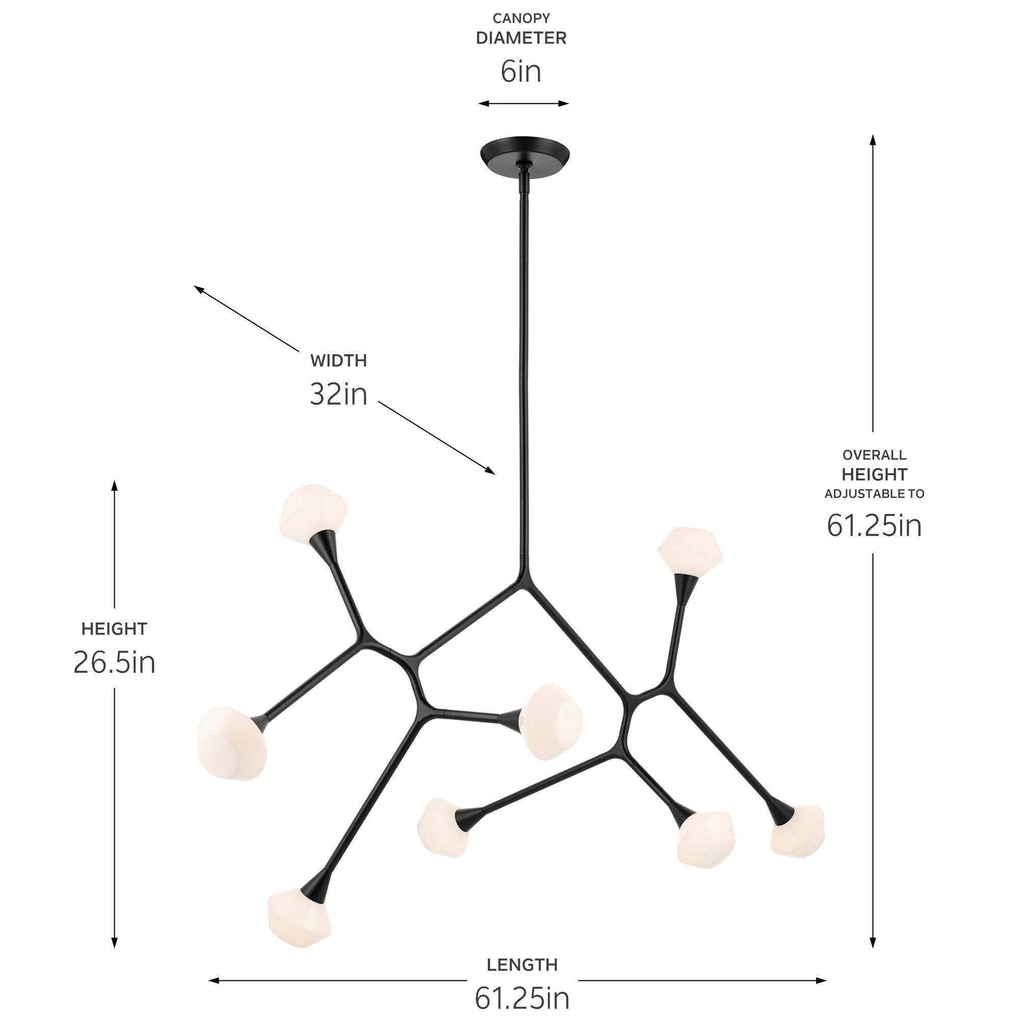 Cassius 61.25 Inch 8 Light Convertible Chandelier with Opal Glass in Black