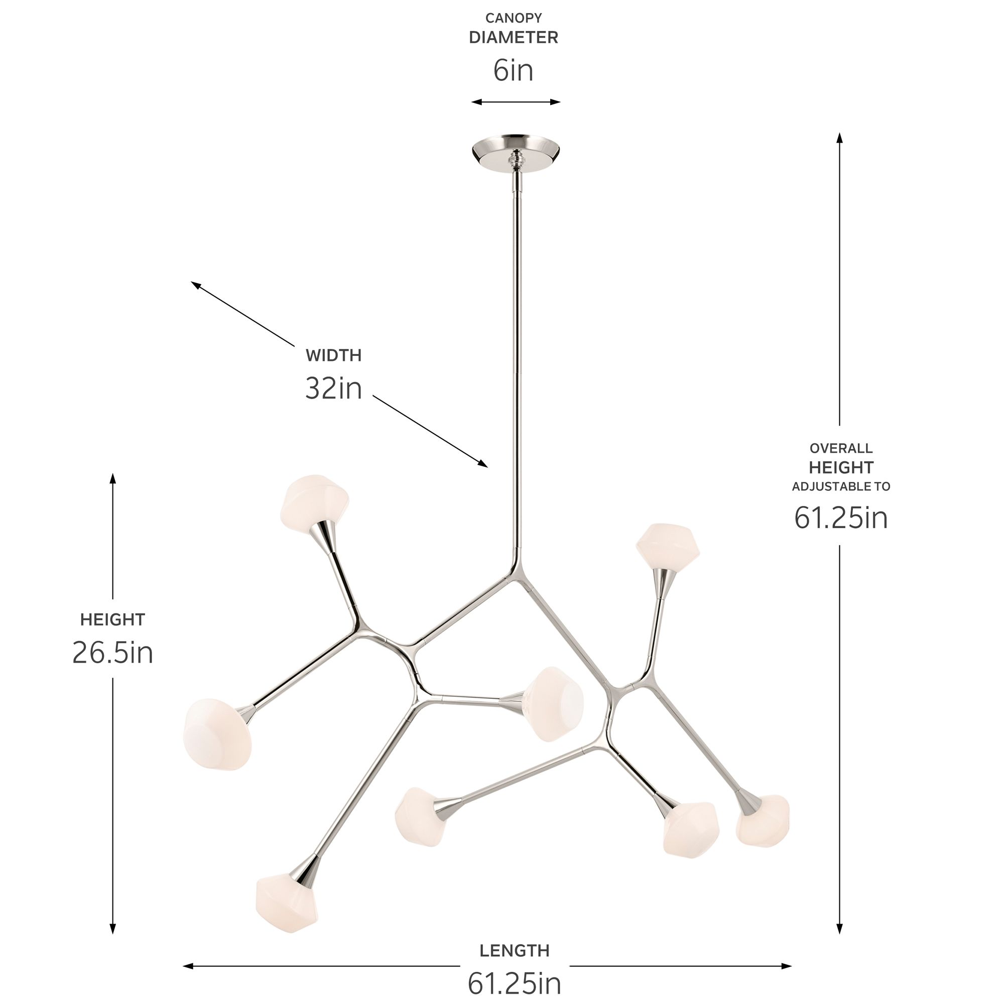 Cassius 61.25 Inch 8 Light Convertible Chandelier with Opal Glass in PN