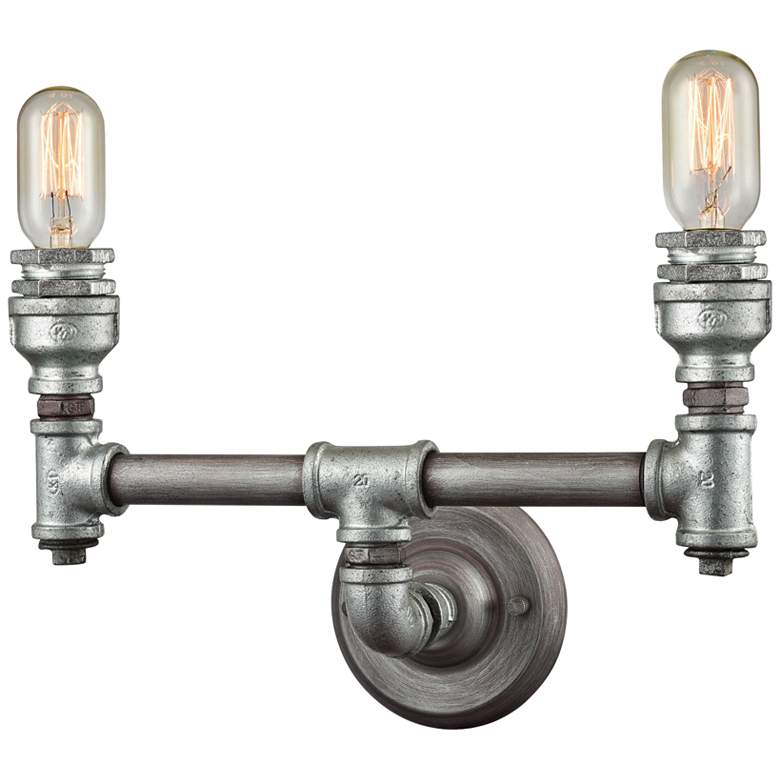 Image 1 Cast Iron Pipe 15 inch Wide Weathered Zinc 2-Light Bath Light