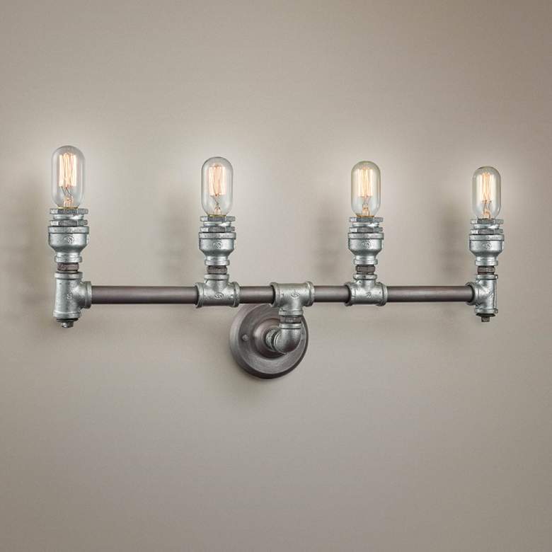 Image 1 Cast Iron Pipe 28" Wide Weathered Zinc 4-Light Bath Light