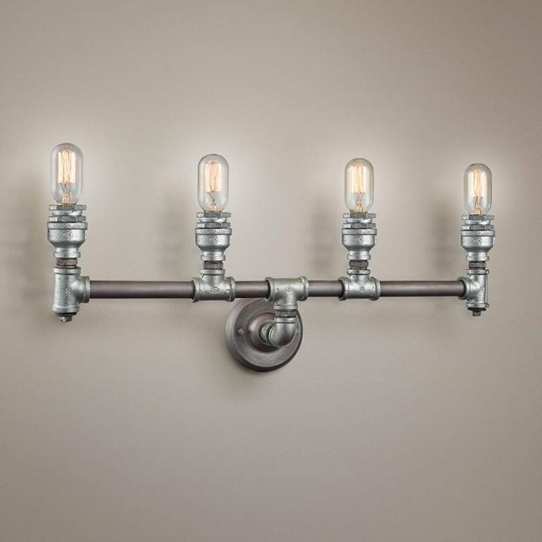 Image 1 Cast Iron Pipe 28 inch Wide Weathered Zinc 4-Light Bath Light