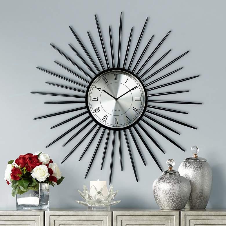 Image 1 Castallia Black 28 inch Round Metal Sunburst Wall Clock