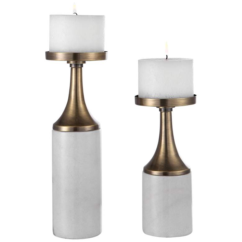 Image 2 Castiel White and Brass Pillar Candle Holders Set of 2