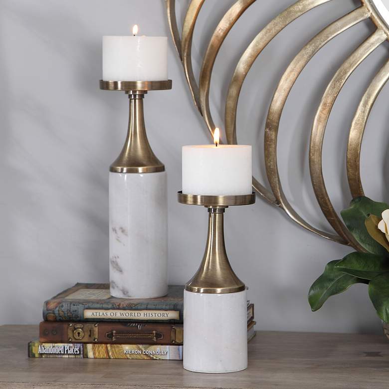 Image 1 Castiel White and Brass Pillar Candle Holders Set of 2