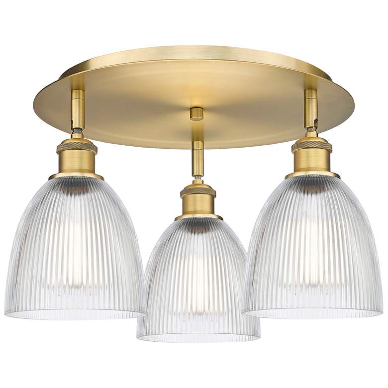 Image 1 Castile 17.75 inchW 3 Light Brushed Brass Flush Mount With Clear Glass Sha