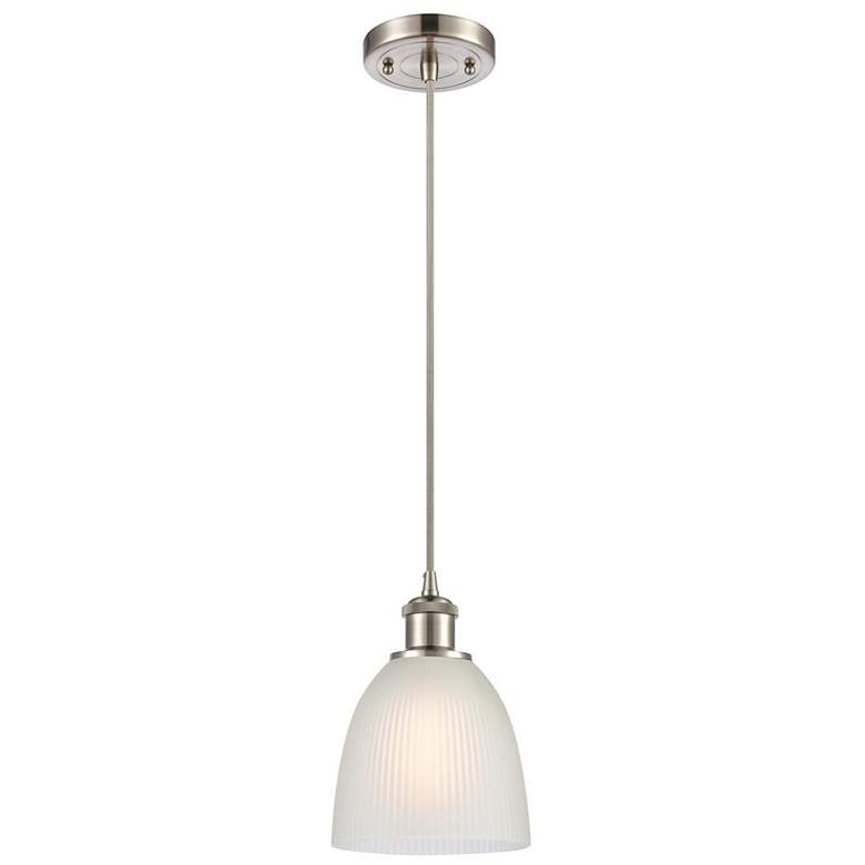 Image 1 Castile 6" Brushed Satin Nickel Cord Hung Mini Pendant w/ White Shade
