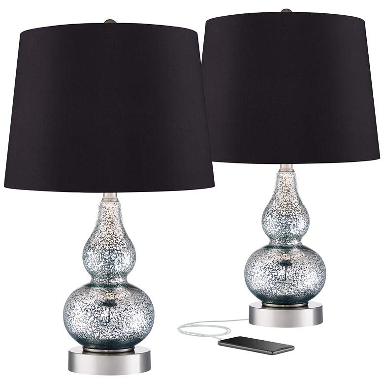 Image 1 Castine Turquoise Glass Black Shade USB Table Lamps Set of 2