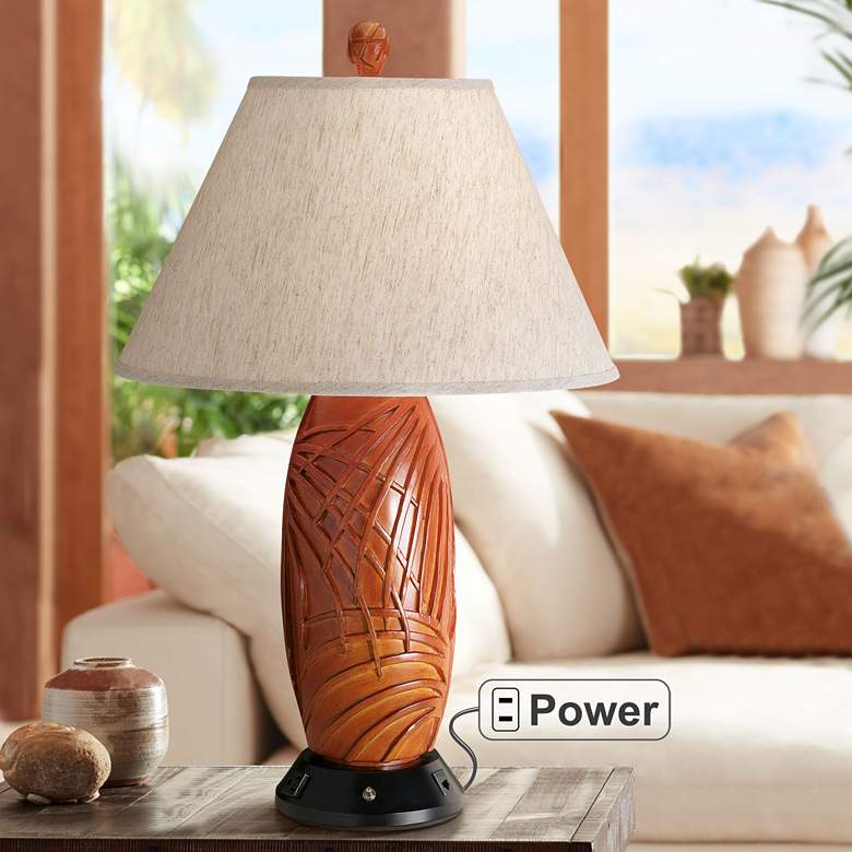 Image 1 Castleberry Hawaiian Palm Motif Table Lamp with Built In 3-Prong Outlet