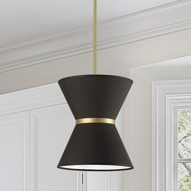 Image 1 Caterine 12" Wide Aged Brass and Black Fabric Pendant Light