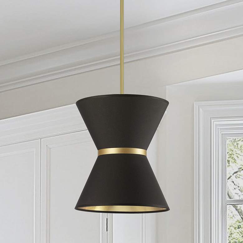 Image 1 Caterine 12" Wide Aged Brass Mini Pendant w/ Black Fabric