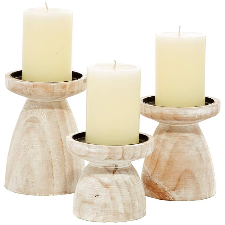 Image 2 Cathay Brown White-Washed Pillar Candle Holders Set of 3