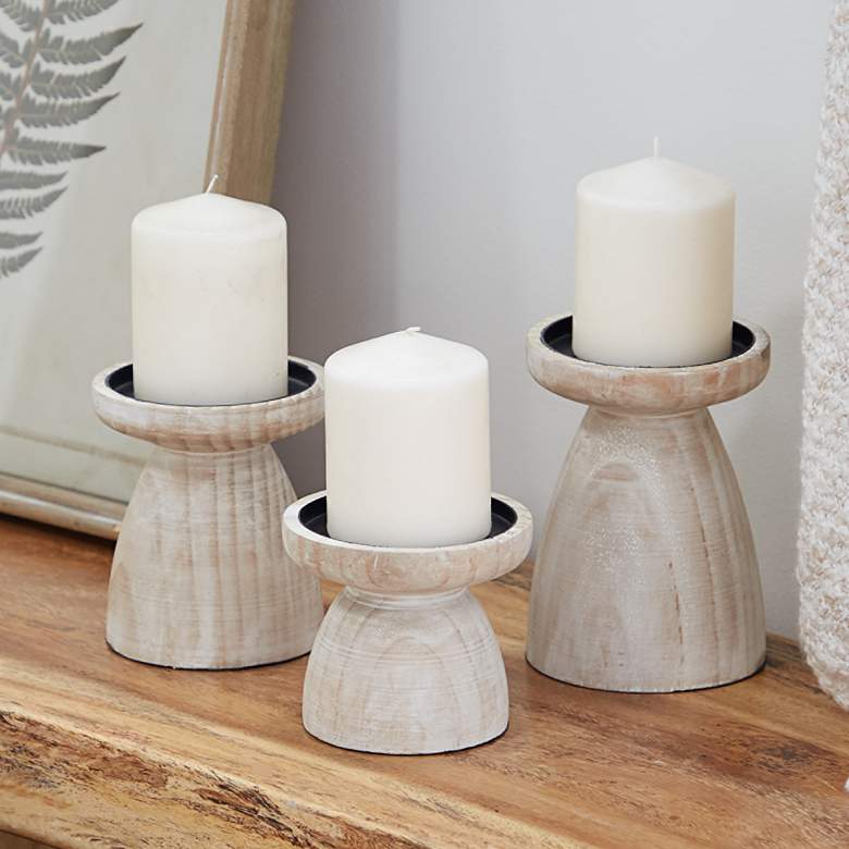 Image 1 Cathay Brown White-Washed Pillar Candle Holders Set of 3