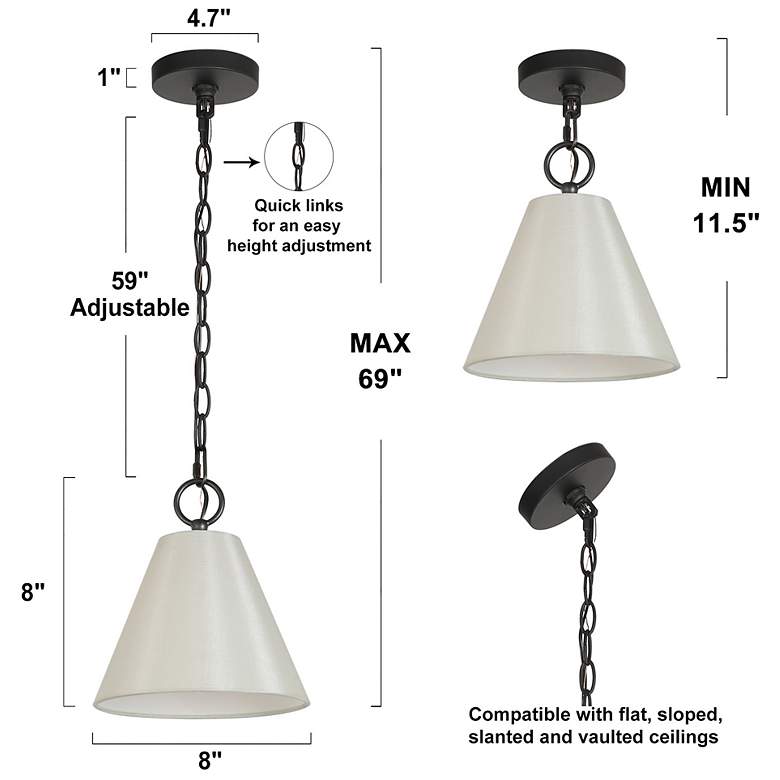Image 7 Catin 7.9" Wide Balck 1-Light Cone Pendant with Fabric Shade more views