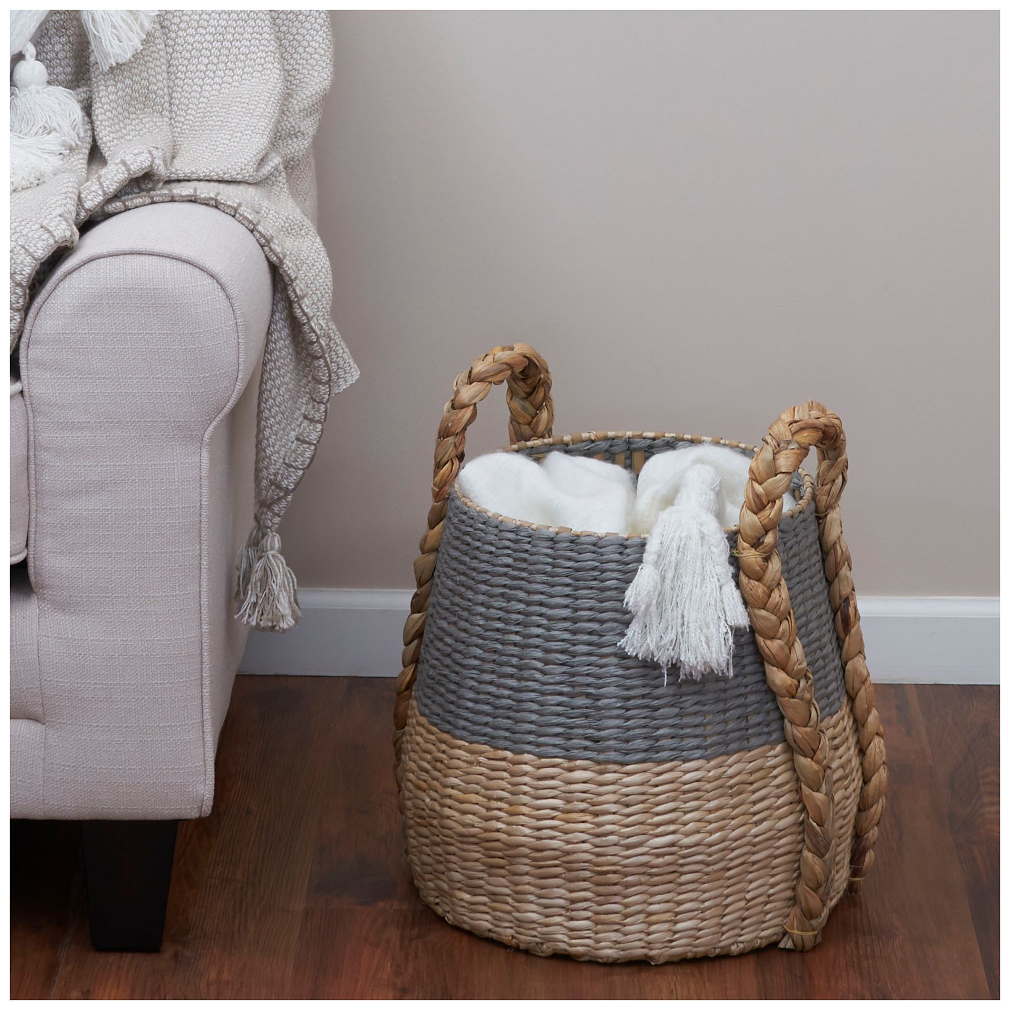 Image 3 Cattail and Paper Terra Basket, Natural and Gray more views