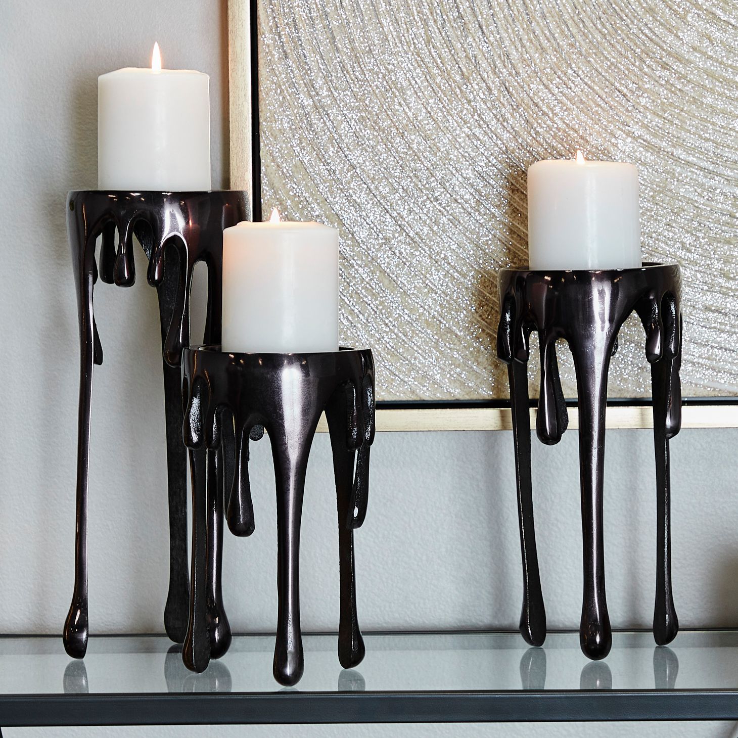 Cavi Polished Black Dripping Pillar Candle Holders Set of 3