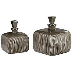Cayson Raw Umber Brown Ribbed Ceramic Bottle Set of 2