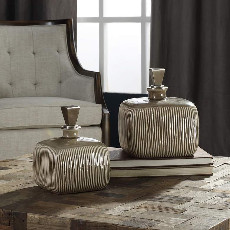 Image 1 Cayson Raw Umber Brown Ribbed Ceramic Bottle Set of 2