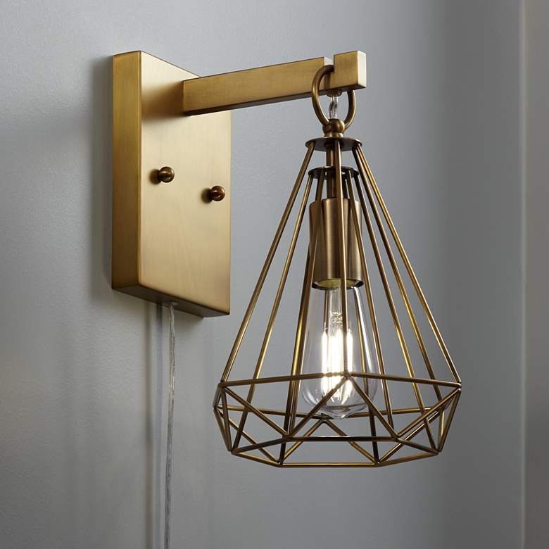 Image 1 Cecelia Antique Brass Diamond Cage Pin-Up Wall Lamp