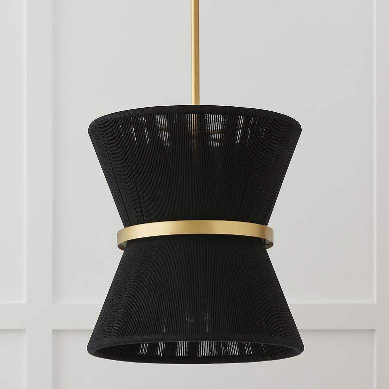 Image 3 Cecilia 12" Wide Patinaed Brass and Black Rope Mini Pendant more views
