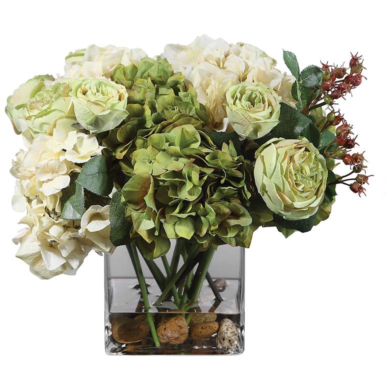 Image 2 Cecily Cream Hydrangea and Rose 15 inchW Faux Flowers in Vase