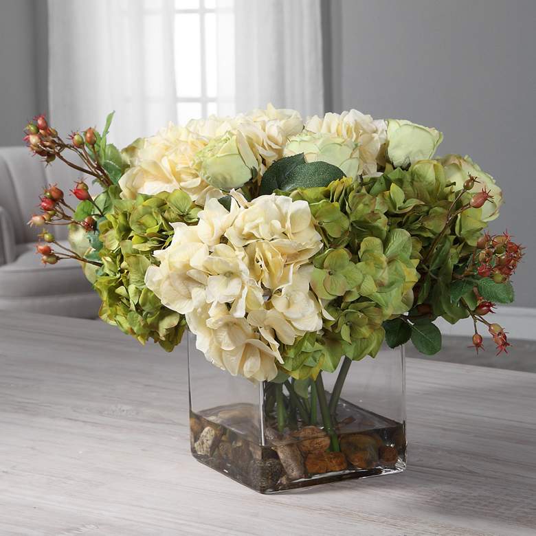Image 1 Cecily Cream Hydrangea and Rose 15 inchW Faux Flowers in Vase