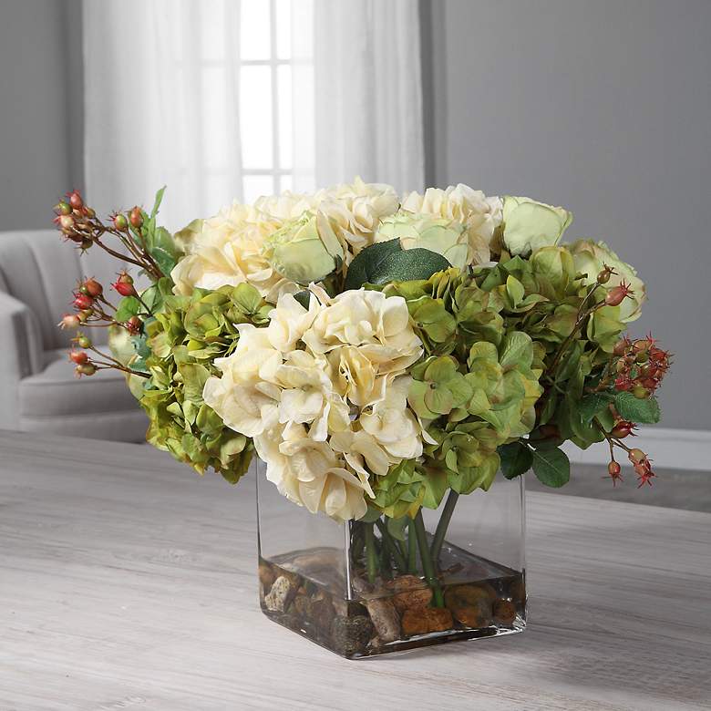 Image 1 Cecily Cream Hydrangea and Rose 15 inchW Faux Flowers in Vase