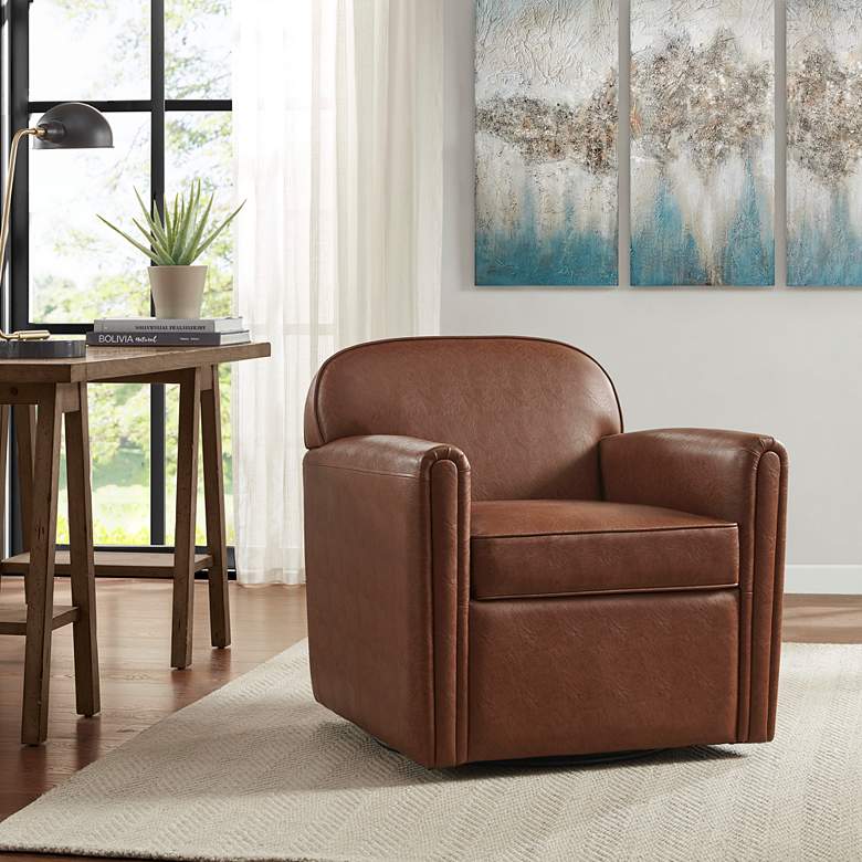Image 6 Cedar Brown Faux Leather Swivel Accent Armchair more views