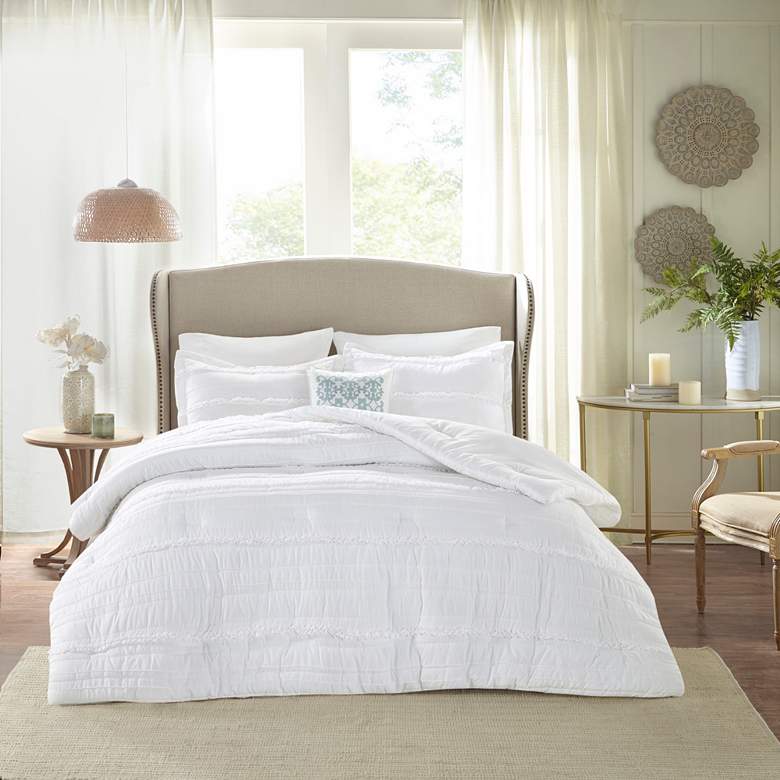 Image 1 Celeste White Microfiber Ruffled Queen 5-Piece Comforter Set