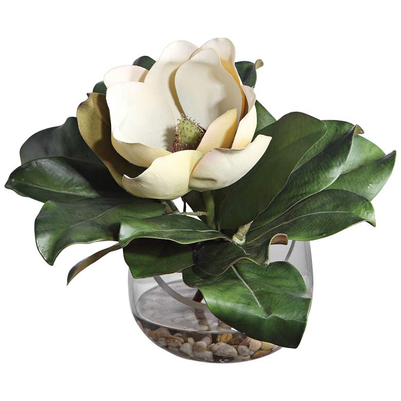 Image 2 Celia White and Green Silk Magnolia 13 inchW Faux Flower in Vase
