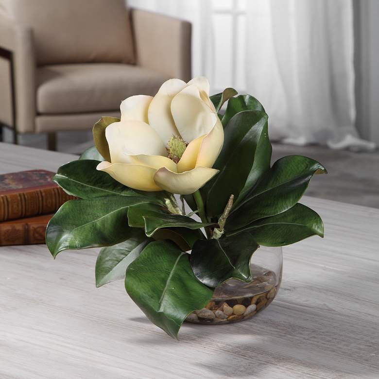 Celia White and Green Silk Magnolia 13&quot;W Faux Flower in Vase